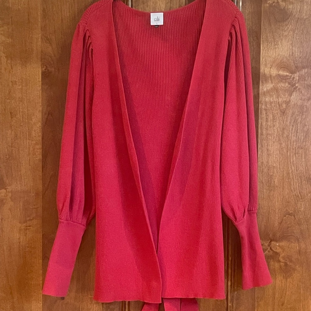 Cabi red cotton balloon sleeve ribbed knit wrap sweater SIZE L New without tags.